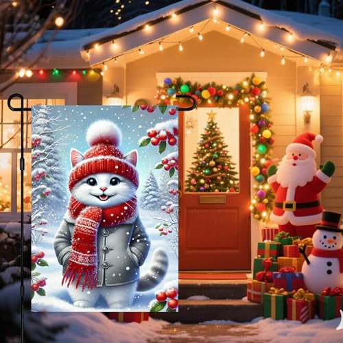 Image of BlissYard Garden Flag Kitten Red Hat Winter 12x18 Inch Polyester