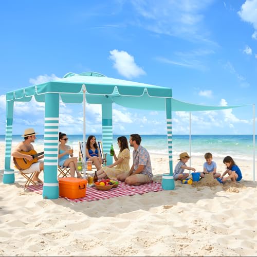 MoKo Beach Cabana 120 Sq. Ft. Large Beach Canopy Tent Sun Shade UPF 50+ Protection Easy Setup Beach Tent Adjustable Height Wind Resistant Cabana Sun Shelter for Whole Family Light Green Stripes