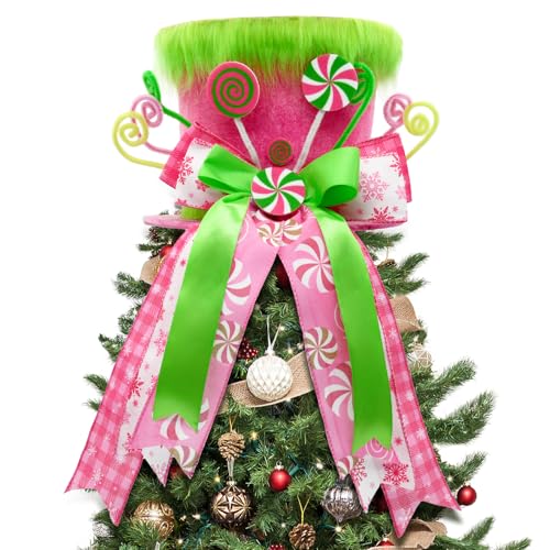 CRCZK Pink Christmas Decor Velvet Green Christmas Tree Topper Hat Candy Cane Christmas Decorations Inddoor Pink Ribbon Bow Topper Hat with Green Plush Christmas Winter Holiday Decorations for Home
