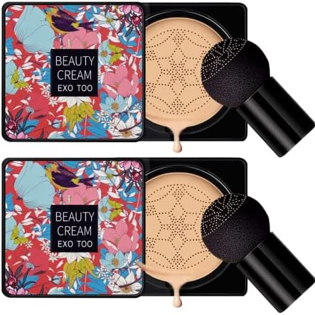 NUIBO 2PCS Air Cushion CC Cream Mushroom Head, Moisturizing Concealer Makeup Base, Primer Liquid Foundation Long Lasting with Two Mushroom Makeup Sponges 【Natural X 2】【Screw lid】