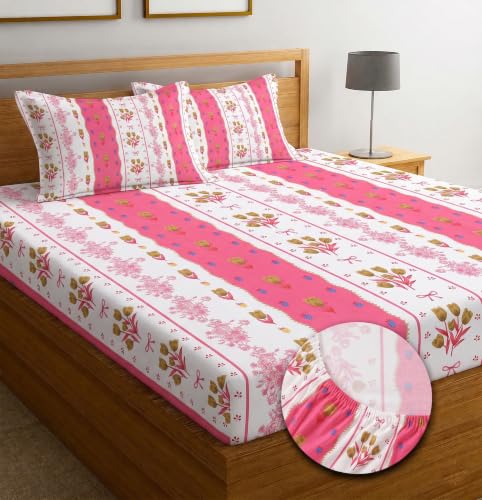 Image of IVAZA Ezyption Cotton Super Soft 240 TC Elastic Fitted All Around Elastic Printed King Size Double Bed Bedsheet with 2 Pillow Cover 72 inch X 78 inch3 Pink Flower
