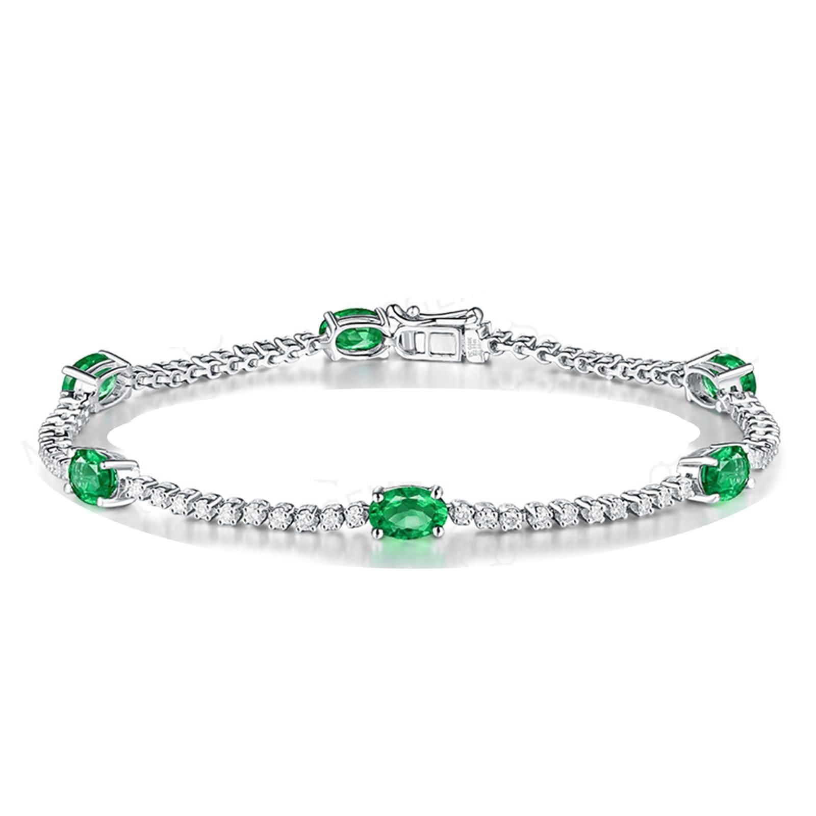 Pulsera Mujer de Oro Blanco 9Kilates / 14Kilates / 18Kilates, Oval con Esmeralda y Diamante, Cadena 16 CM, Pulsera para Mujer de Plata Verde