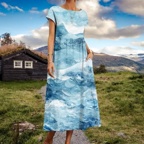 Cotton T Shirt Dresses for Women Cap Sleeve Crewneck Empire Waist Flowy Swing Summer Casual Long Maxi Smocked Dress - Image 2