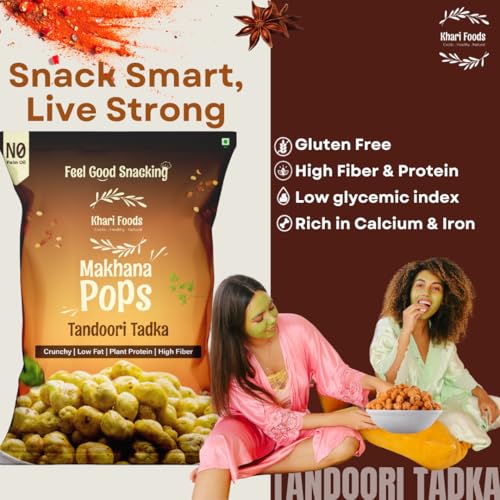 Image of Khari Foods Premium Flavoured Makhana 25g, Crunchy & Roasted Makhana Pops, Protein Source, Fibre Rich, No Palm Oil, Gluten Free (Tandoori Tadka Pack 4)