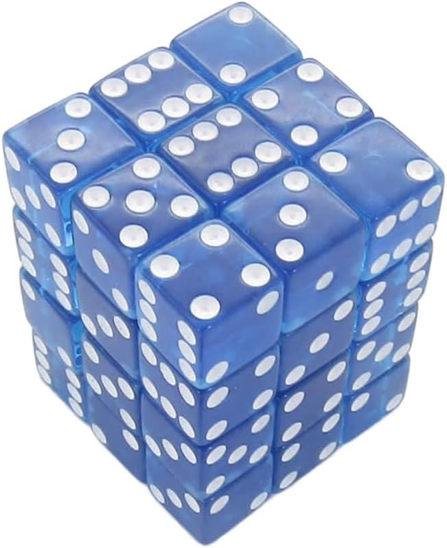 Blue Transparent Squared Corner Dice with White Pips D6 12mm (1/2in) Pack of 36 Dice Koplow Games