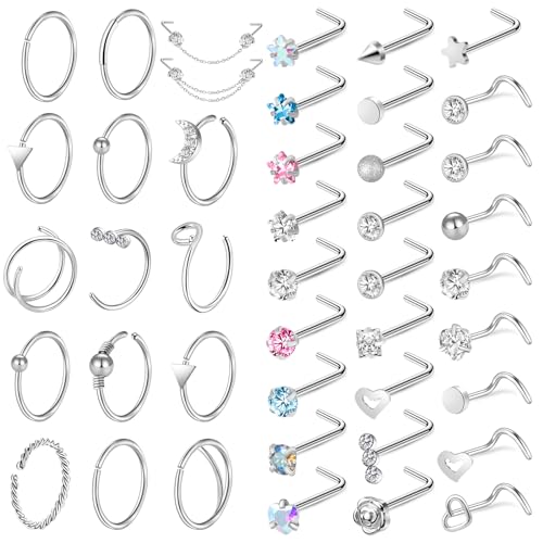 ONESING 43 PCS Nose Rings Studs L Shaped CZ Heart Flower Nose Piercing Jewelry Nose Studs with Chain Stainless Steel Nose Rings Kit