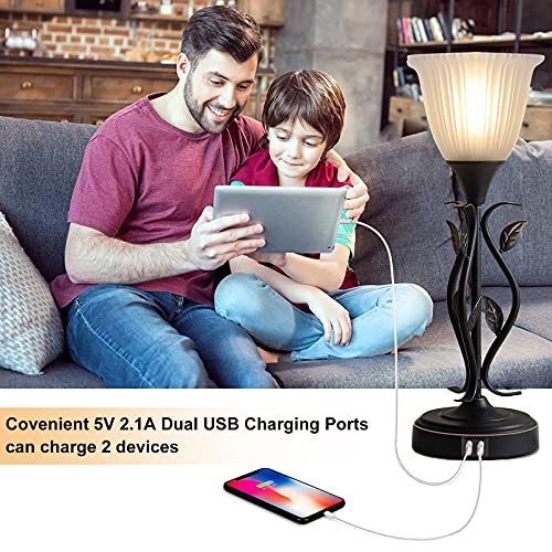 Opoway Set Of 2 Touch Control Table Lamps, 3-Way Dimmable Torchiere Bedside Lamps With Dual Usb Charging Ports, Leaf Body And Glass Shade Retro Lamps For Living Room, Bedroom, Led Bulb Included #TOP2