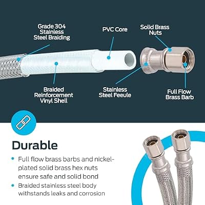 Eastman 10 Feet Flexible Ice Maker Connector, 1/4 Inch x 1/4 Inch Compression Connection, Braided Stainless Steel with Nickel-Plated Brass Nuts, 41036