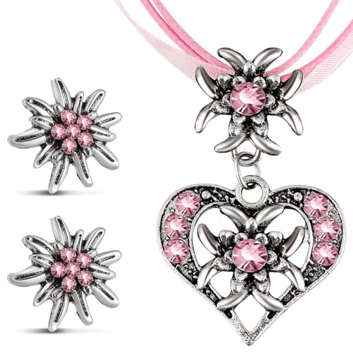 GXGM 3 Pieza Oktoberfest Juego de Bisutería para Dama de Honor, Glamour Collar Pendientes Pulsera Anillos para Mujer Fiesta (Rosa)