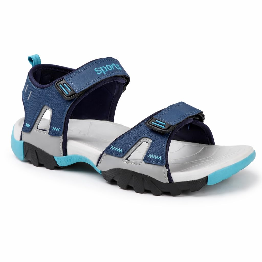 Men's Sports Sandals | Lightweight Outdoor Trekking Sandals | Adjustable Velcro Straps | Cushioned Footbed | Anti-Skid Sole | Comfortable Walking Sandals for Men (Blue/Grey)