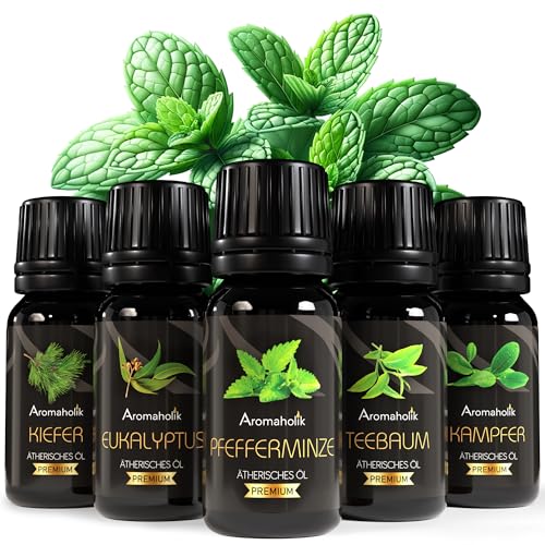 Aromaholik Gesundheits-Set 5er Ätherische Öle BIO 100% naturrein – Entspannung & Vitalität – Set 5 × 10ml, zertifiziertes Öl aus Indien