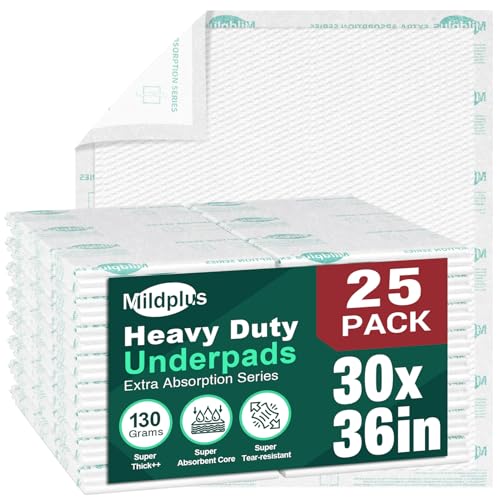 MILDPLUS Heavy Duty Underpads 30X36 25 Count Ultra Absorbent Chucks 130 Grams Tear-Resistant Disposable Bed Pads with Strength Cloth Backing Incontinence Pads for Adults Kids or Pets