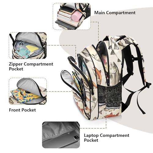 Vintage Fish Retro Backpack for School Book Bag Tablet Laptop Backpack Work Travel Bag with Reflective Stripes4