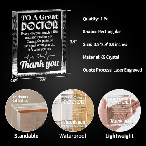 Image of Gifts for Doctor, Appreciation Gift for Doctors, Engraved Crystal Plaque Gifts for Best Doctors, Thank You Doctor Gift for Men Women Crystal Appreciation Plaque
