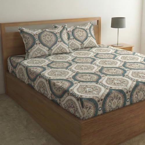 Image of Home Sizzler Microfibre Floral Damask Print All-Around Elastic Fitted Double Bedsheet (72 x 78 Inches) with 2 Pillow Covers - Teal & Beige