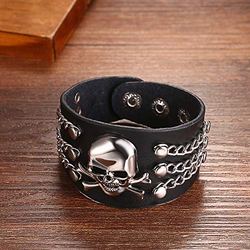 Punk Skull Leather Cuff Bracelet for Men Women, Goth Black Biker Wide Strap Adjustable Bangle Wristband for Halloween Costume Party3