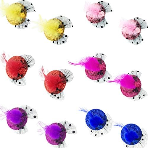 DeD 12 Pieces Girl Mini Hat Hair Clips Feather Fascinator Hats for Party,Hari Accessories Hairclips for Women Lady Baby Kid(6 Pairs)