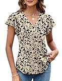 LOMON Summer Tops for Women Trendy Dressy Casual Cute Flutter Sleeve Tee Shirt 2025 Ladies Ruffle Short Sleeve Loose Fit V-Neck Tunic (Apricot Black Floral,X-Large)