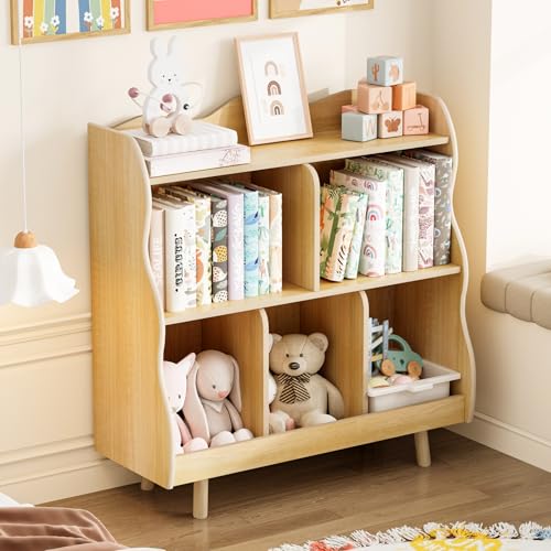 Image of Treocho Kids Bookshelf and Toy Storage Orangizer, 3-Tier Wooden Children's Bookcase with Curve Design, 5 Toy Storage Cabinet Display with Legs for Children's Room, Playroom, School, Natural