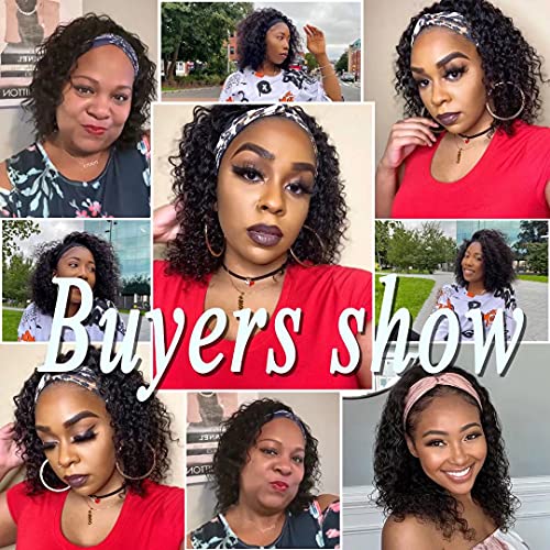 Punmasa Headband Wig Human Hair Deep Wave 12 Inches 100% Human Hair,Headband Wigs For Black Women Glueless None Lace Front Wig Machine Made 150% Density Headband Wig Human Hair With Headbands(12Inch) #TOP4