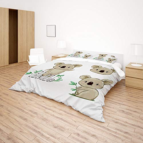 Parure de lit koala Queen Size avec ses 2 taies d'oreiller en polyester doux