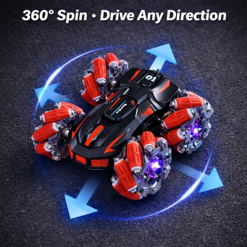 Image of MiniExplorer 4WD Double Sided RC Smoke Stunt Drift Car | 360 Rotating Remote Control Toy with Spray Mist, LED Lights & Rechargeable Battery | High Speed Off Road RC Car for Kids 8-14+ Years | Black