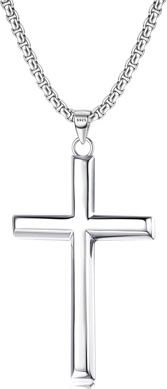 MILACOLATO Solid 925 Sterling Silver Cross Necklace for Men Women, 2mm Durable Diamond-Cut Sterling Silver Chain with Beveled Edge Cross Pendant, Mens Silver Gold Crucifix Pendant Necklace Jewelry 16-24 Inches Mother's Father's Day Jewelry Gifts