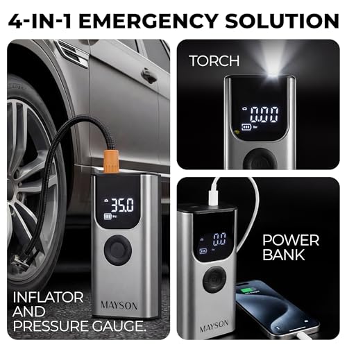 Image of MAYSON Cordless Portable & Rechargeable Tyre Inflator | 2-in-1 Cordless & Corded Modes, 4700 mAh Battery, LED Display, Auto Shut-Off, Type-C Fast Charging, 150 PSI