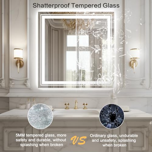 Image of WTTY LED Bathroom Mirror 36 inchx36 inch with Backlit and Front Light,Stepless Dimmable LED Mirror for Bathroom,Anti-Fog Lighted Bathroom Vanity Mirror Modern,Memory Function,Shatter-Proof