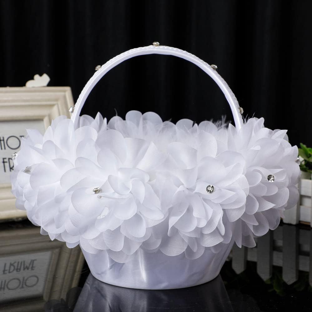 2PC Flower Girl Baskets, White Satin Cloth Baskets with Faux Lace Flowers Decor for Wedding Ceremony Party Desktop Decor