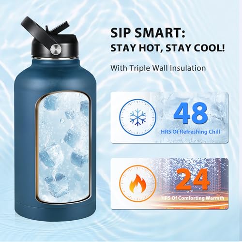 Image of Insulated Water Bottle 64 oz, Triple Wall Vacuum Stainless Steel Water Bottles (Cold for 48 Hrs), Leak Proof & Non-BPA, Half Gallon Water Flask Jug Wide Mouth Straw Lid & Spout Lid
