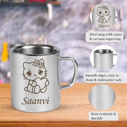 Image of SAVRI Personalized Stainless Steel Mug for Kids with Customized Name Engraved & Cartoon Design | 220 ml Double Wall Insulated Mug for School, Milk, Juice & Water