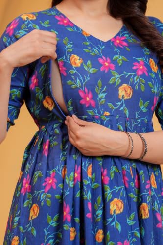 Image of The Moon Star Women's Cotton Floral Printed Anarkali Maternity Feeding Kurti | Breastfeeding Dress for Mothers | Zipper Feeding Kurti, Nursing Kurti, Comfortable and Trendy Maternity Wear