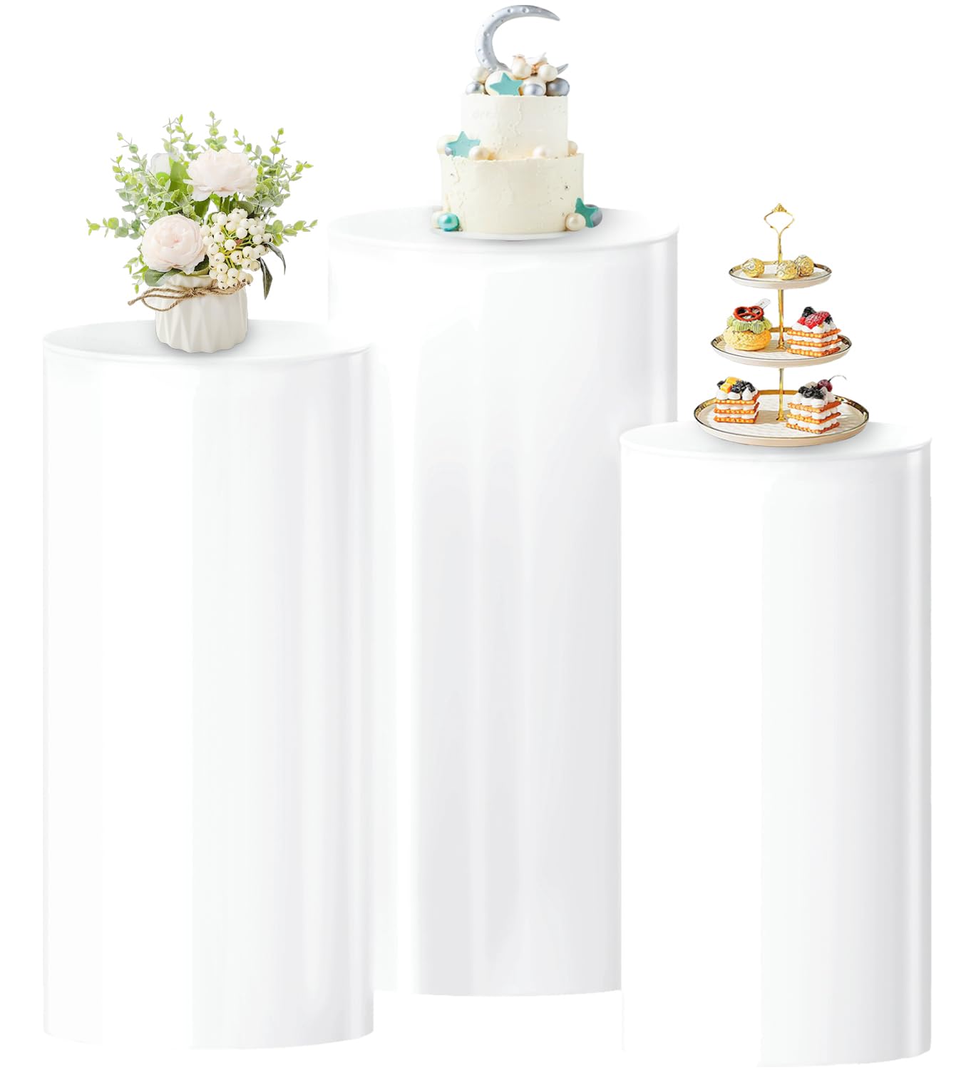White Cylinder Pedestal Stand 3pcs Plastic Cylinder Stands for Party Cake Cylinder Pedestal Display Plinth Pillars Vintage Round Cylinder Tables for Parties Wedding Reception Event Decorations