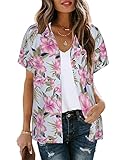 MYHALF Hawaiian Shirts for Women : Floral Printed Tropical Tops Button Down V Neck Short Sleeve Shir