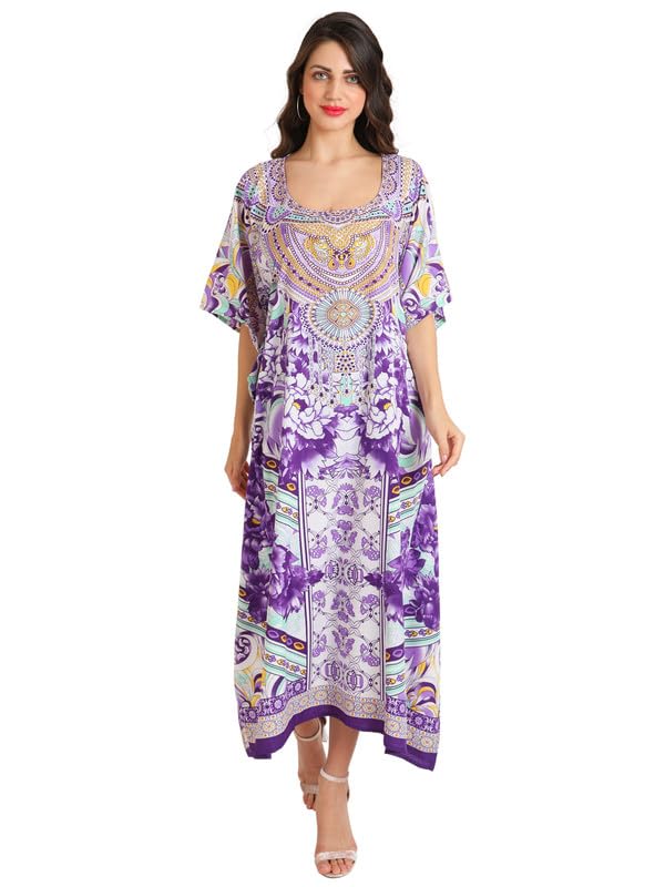Image of Miss Lavish London Swimwear Cover ups Kaftan Dresses for Women Ethnic Print V Neck, Beach Coverups Plus Size, Side Slit & Pockets on Both Sides, Womens Beach Resort Wear-Purple-XL