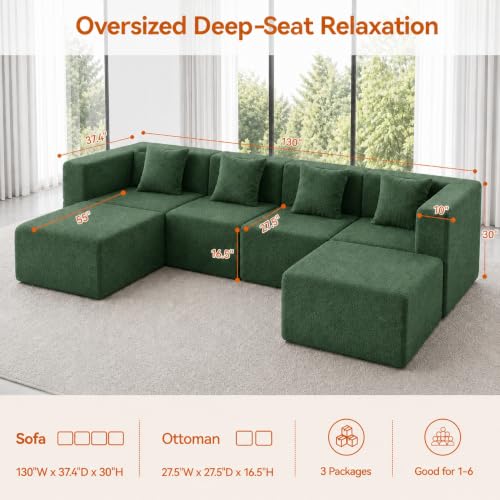Image of MONVANE 130 inch U-Shaped 6 Seat Modular Sectional Cloud Couch, Forest Green | Sectional Couches for Living Room, High Supportive Backrests, Movable Ottomans, Deep Seat, No Assembly Required