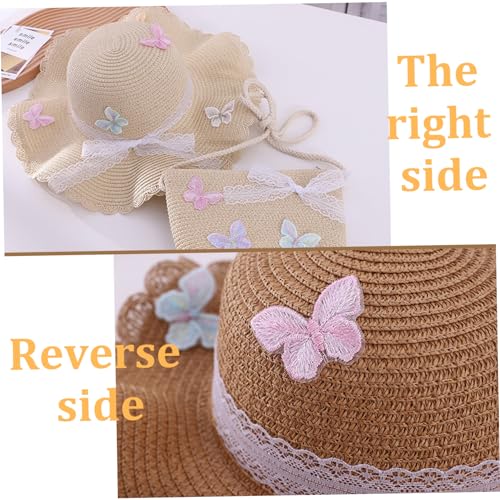 Kids Straw Hat Set, 2pcs/Set Butterfly Lace Straw Hat with Crossbody Bag for Girls, Summer Kids Straw Sun Hat, Beach Hat for Girls Beige4