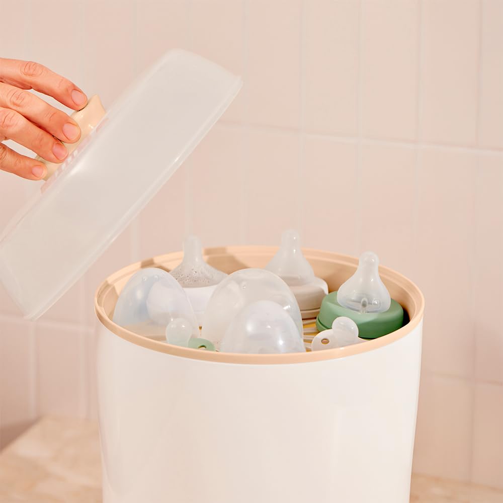 Miniland - Super 6, Calienta Hasta 6 Biberones, Esteriliza Biberones y Potitos, Cocina al Vapor, Descongela, Cuece, Mantiene la Temperatura, 6 En 1 (Beige)