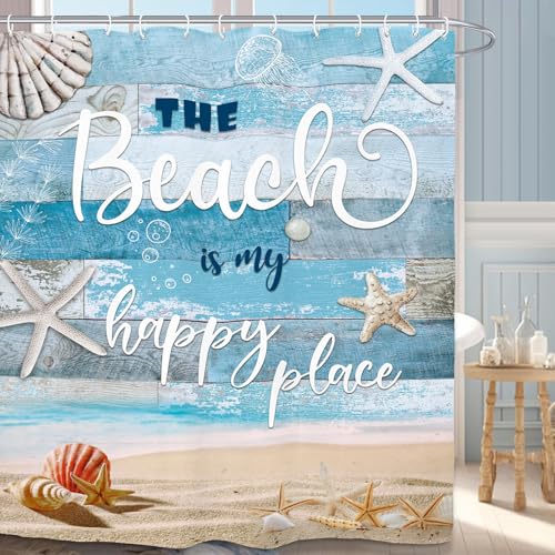 Yookeb Coastal Beach Farmhouse Bathroom Shower Curtain 60W by 71H Inch Starfish Ocean Sea Inspirational Rustic Country Motivational Positive Blue Wood Polyester 12 Plastic Hooks Waterproof Decor - Image 6