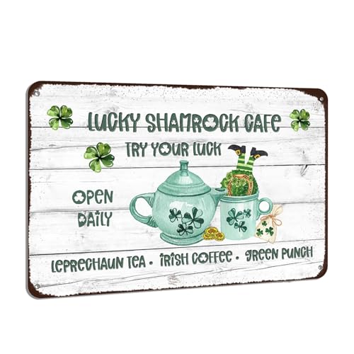 Lucky Shamrock Cafe Sign Irish Coffee Shamrock Cafe Tin Sign Decor for Home Coffee Cafe Wall Decor 8x12 inch