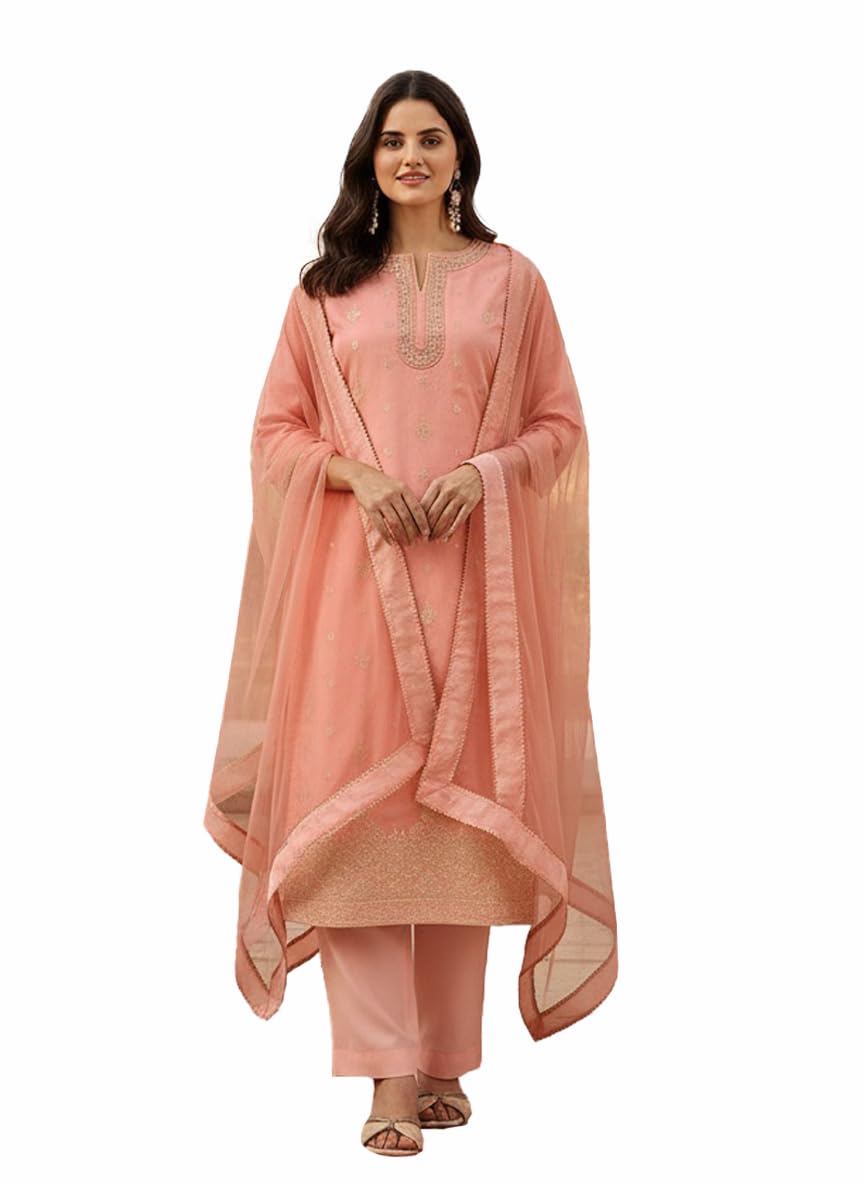 Women's Chanderi Cotton Silk Embroidery Kurta And Silk Crepe Pant Set With Net Dupatta Ethnic Wear Salwar Suit Set(ES_2535)-image-45