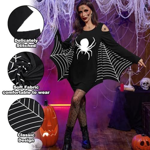 Spinnen Kostüm Damen, Halloween Kostüm Damen Spinnen Set, 1 Halloween Spinne Kostüm + 1 Spinnenstrümpfe + 10 Spinnenaufkleber, Spinnenkleid, für Erwachsene Halloween Fasching Karneval Cosplay (M)
