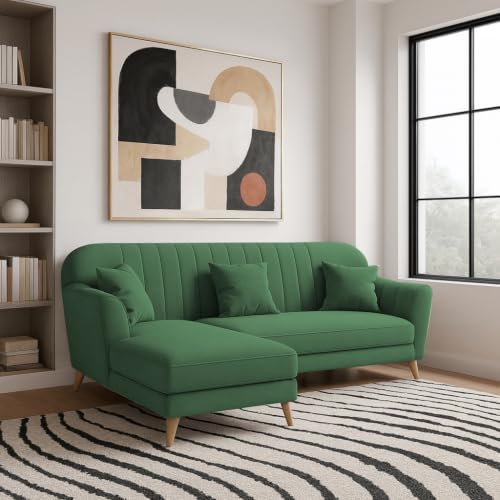 Image of Atticus LHS 4 Seater L Shape Sofa Set with Ottoman for Living Room (Green Fabric) Premium Fabric Sofa Set