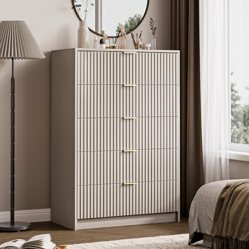 Image of MAISONARIA 5 Drawer Dresser for Bedroom, Tall Dresser Chest of Drawers with Gold Handles, 32 Inch Wide Nightstand with for Bedroom, Living Rooms, Offices, and Entryways, Beige