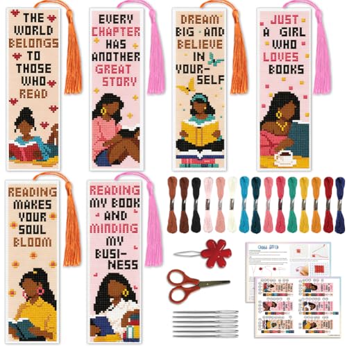Image of ACRNIGHEET 6PCS Cross Stitch Bookmark Kit for Beginner Women Reading Stamped Cross Stitch Kits Needlepoint Kit for Adults DIY Tassel Embroidery Bookmark Kits with Instructions Craft Gift 8.5 inchx3 inch 11CT