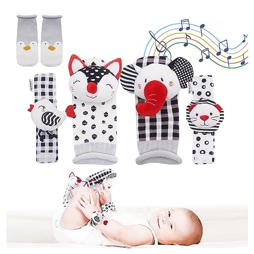 BRUNOKO Juego de Calcetines Sonajero y Muñequeras para Bebé 3 en 1 - Juguetes para Bebés de 0 a 12 Meses - Calcetines de Animales Lindos con Sonajeros Integrados - Calcetines Bebé Sonajero