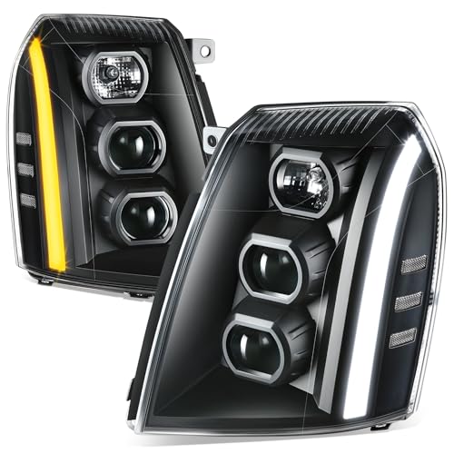 Auto Dynasty Sequential LED DRL Switchback Projector Headlights Assembly Compatible with Cadillac Escalade 2007-2014 Driver and Passenger Side Black Housing Clear Corner