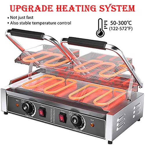 Panghuhu88 110V 3600W Commercial Sandwich Panini Press, Commercial Double Panini Presser Non-Stick Full Grooved Plates 122°F-572°F Temp Control For Hamburgers Steaks Bacons,22.8" X 14.4" #TOP4