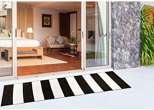 Liora Manne Sorrento Indoor / Outdoor Striped Rug - Novelty Designs, Polyester & UV Stabilized, Long Lasting Color, Foyers, Porches, Patios & Decks, Black/White, 2' x 8'
